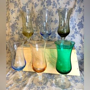 VTG Set of 6 Tulip Shaped Multicolored Glasses Twisted Stems Rainbow